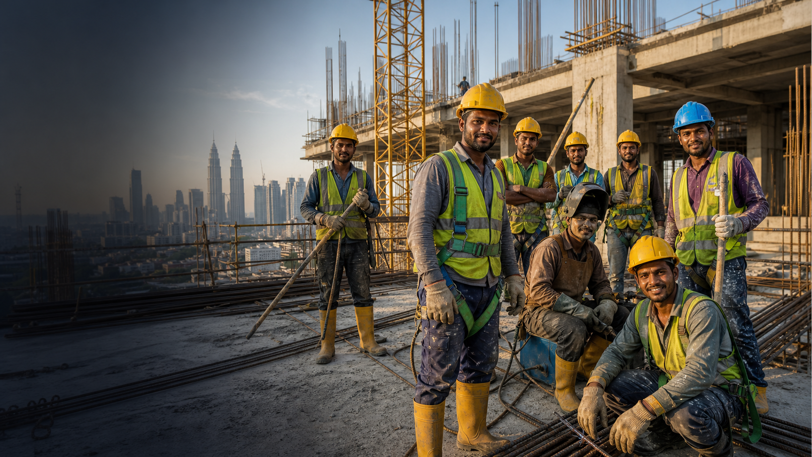 Construction crew ready for work at a Kuala Lumpur building site